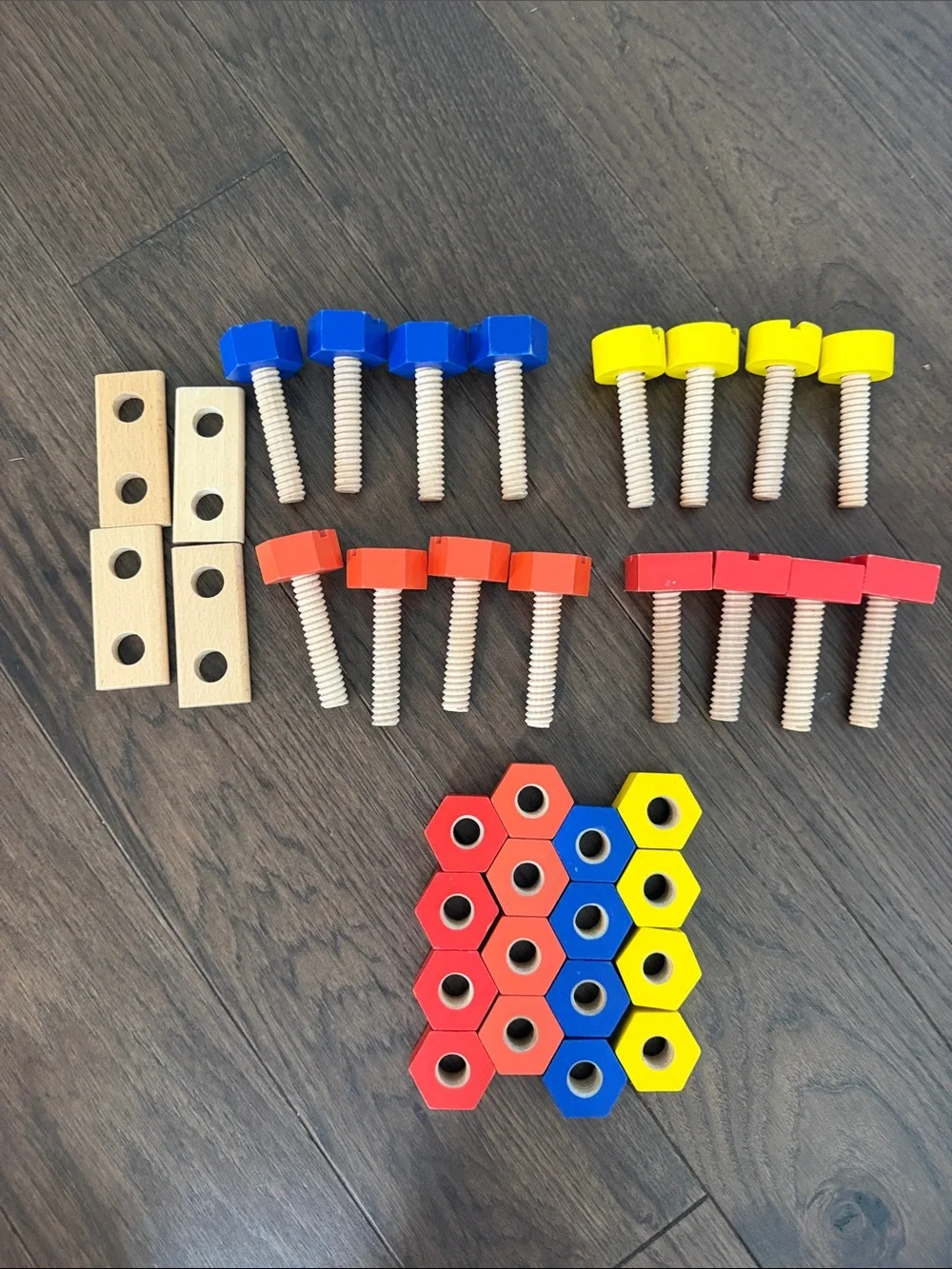 Wooden Bolt and Nut Building Toy Set - Red, Blue, Yellow